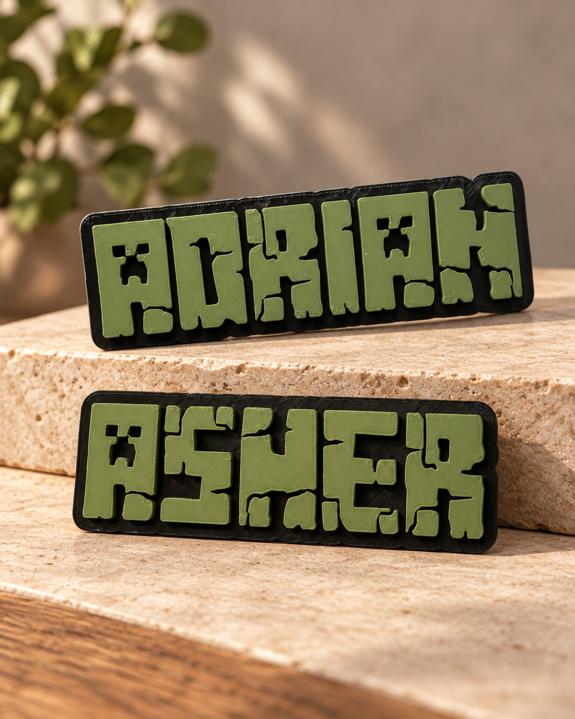 Custom black and olive 3D printed block style gamer name plaque