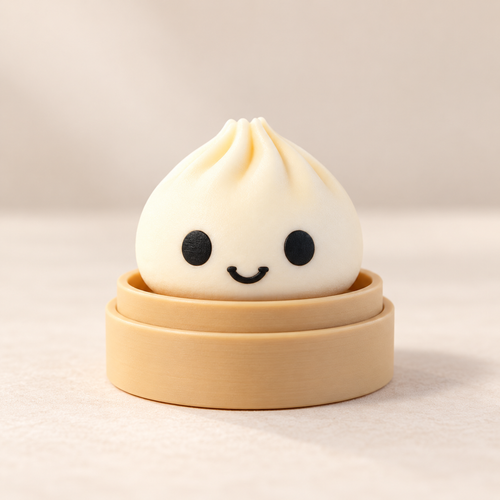 Cute white 3D printed dumpling clicker in a tan base