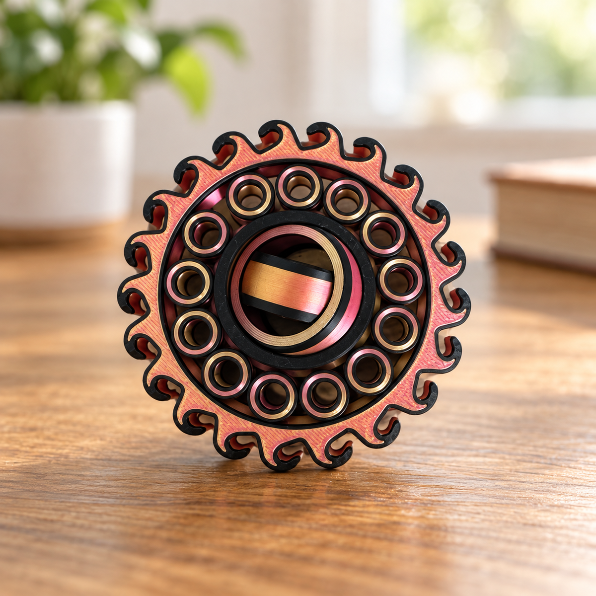 Dual color 3D printed ring spinner fidget on a wooden tabletop