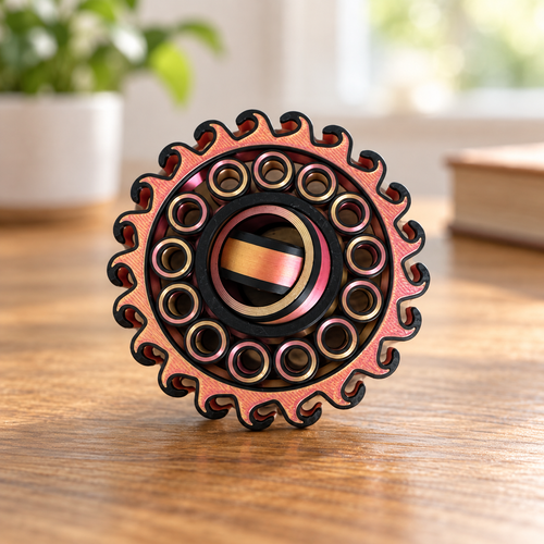 Dual color 3D printed ring spinner fidget on a wooden tabletop
