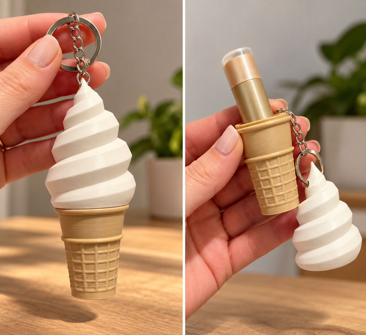 3D printed ice cream cone lip balm holder keychain