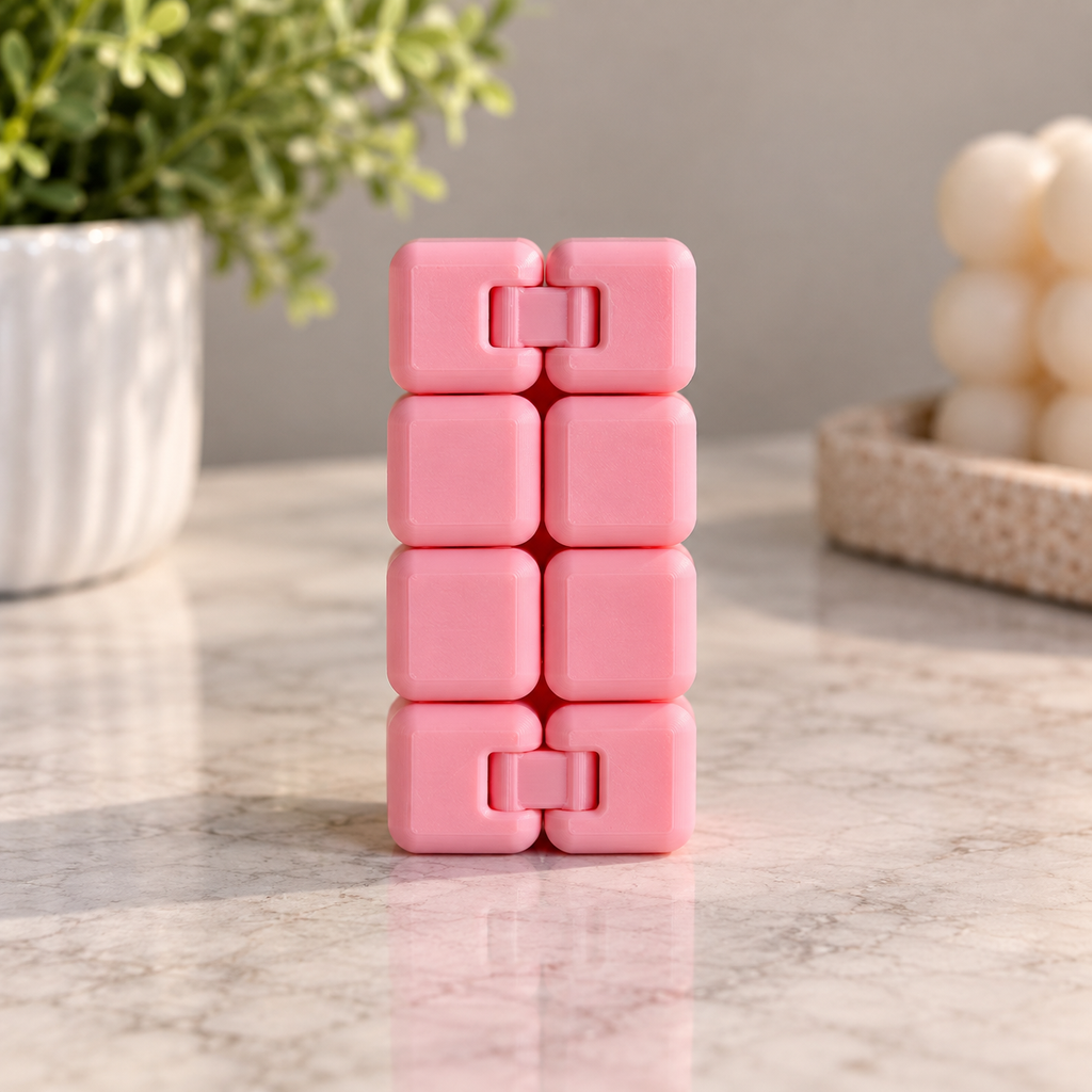 Pink 3D printed flexi cube fidget opened vertically in a clean styled scene