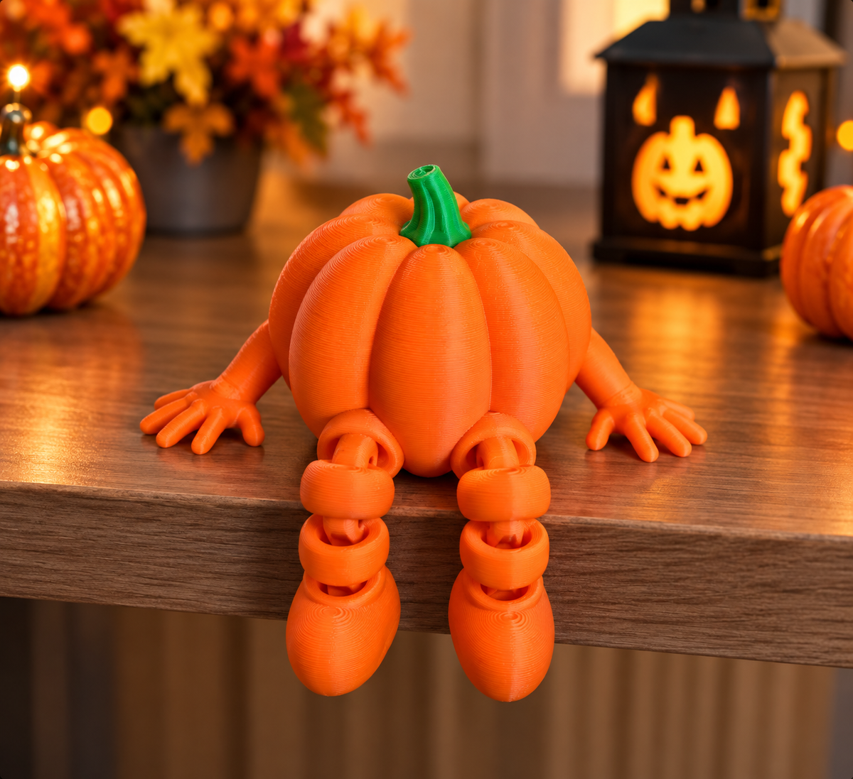 Orange and green 3D printed sitting pumpkin fidget on a cozy Halloween table