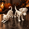 White 3D printed skeleton cat and dog duo in a cozy Halloween display