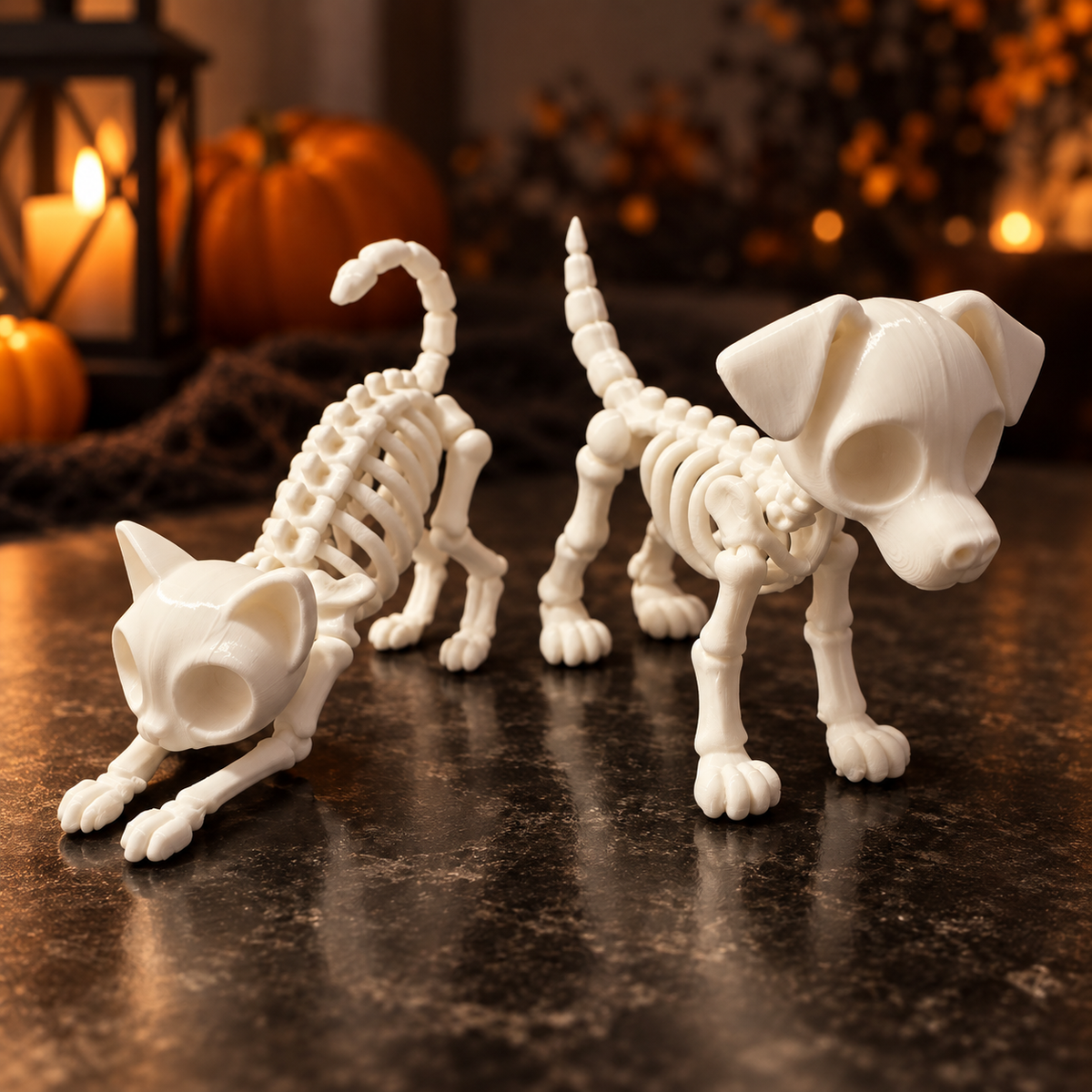 White 3D printed skeleton cat and dog duo in a cozy Halloween display