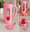 Pink 12 oz slim can holder with matching bow bottle cap opener