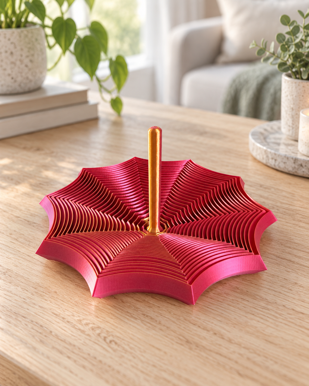 Red and gold 3D printed spiderweb spin fidget on a wooden tabletop