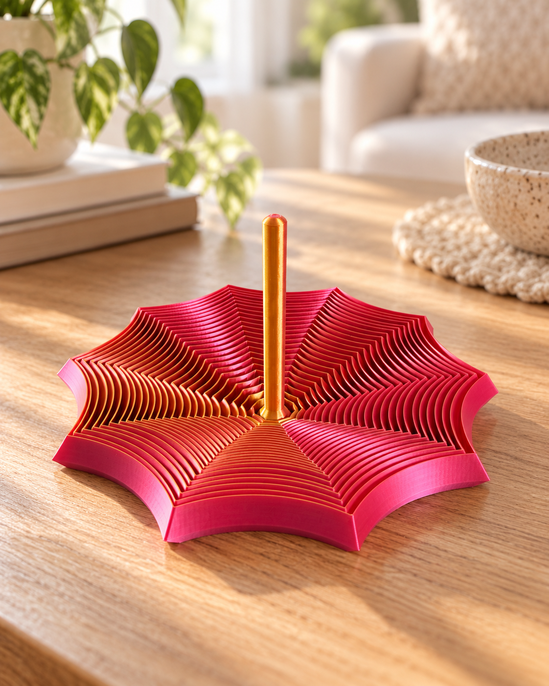 Red and gold 3D printed spiderweb spin fidget on a wooden tabletop